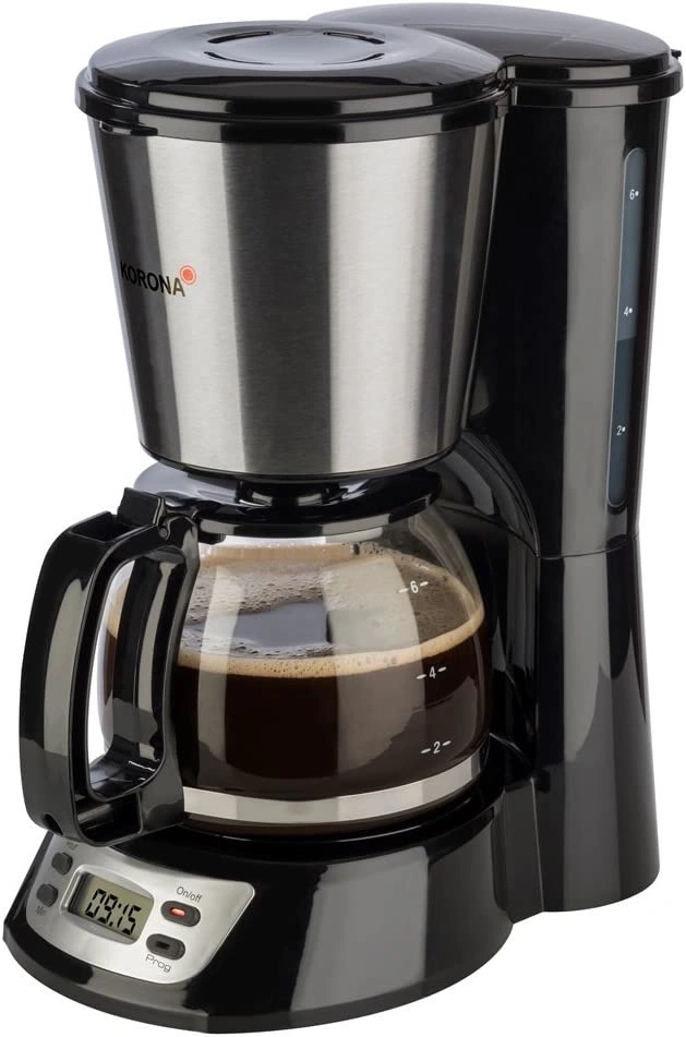 Kaffeemaschine mit digitaler Anzeige, Kanne mit Kaffee gefüllt, schwarz und silber