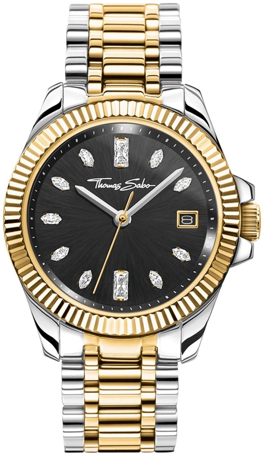 Eine gold- und silberfarbene Thomas Sabo Uhr mit schwarzem Zifferblatt.