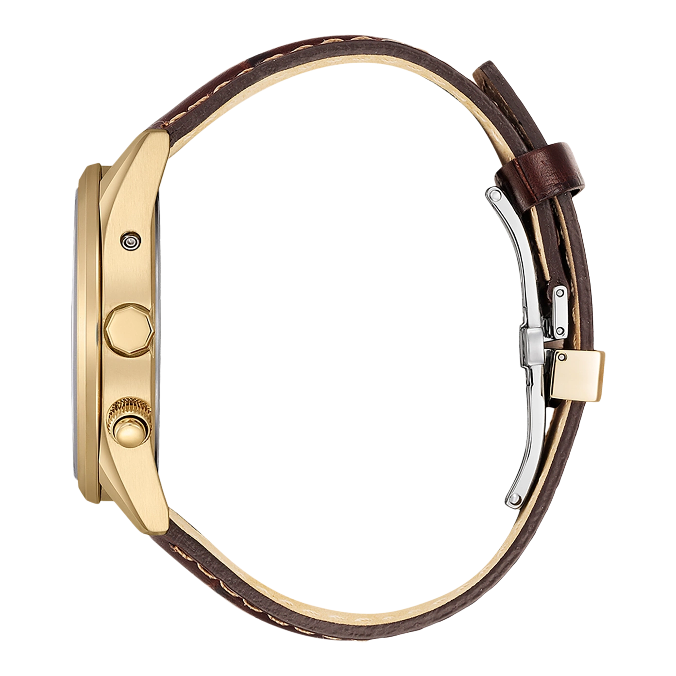 Goldene Uhr mit braunem Lederarmband, Nahaufnahme, Detailaufnahme, seitlich