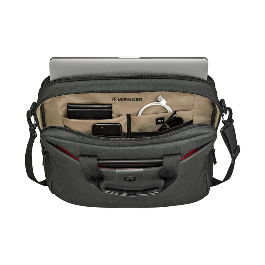 Wenger-Tasche mit Laptop, Zubehör und offenem Innenraum, perfekt für den Transport.