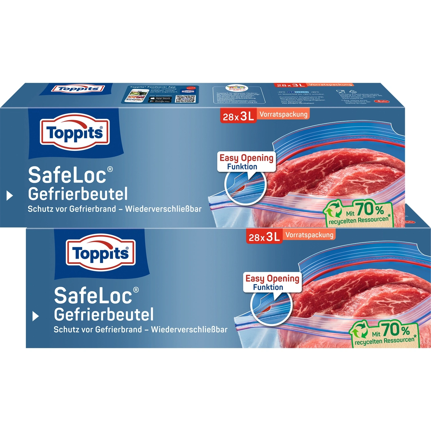 Toppits SafeLoc Gefrierbeutel, 28x3L Vorratspackung, Easy Opening Funktion, 70% recycelte Ressourcen.