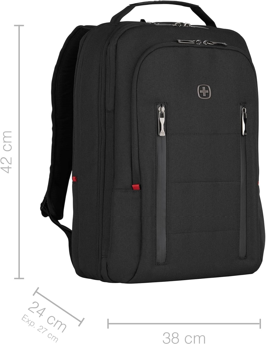 Schwarzer Rucksack mit Reißverschlüssen und Schweizer Kreuz, 42 cm hoch, 24 cm breit, 38 cm tief.