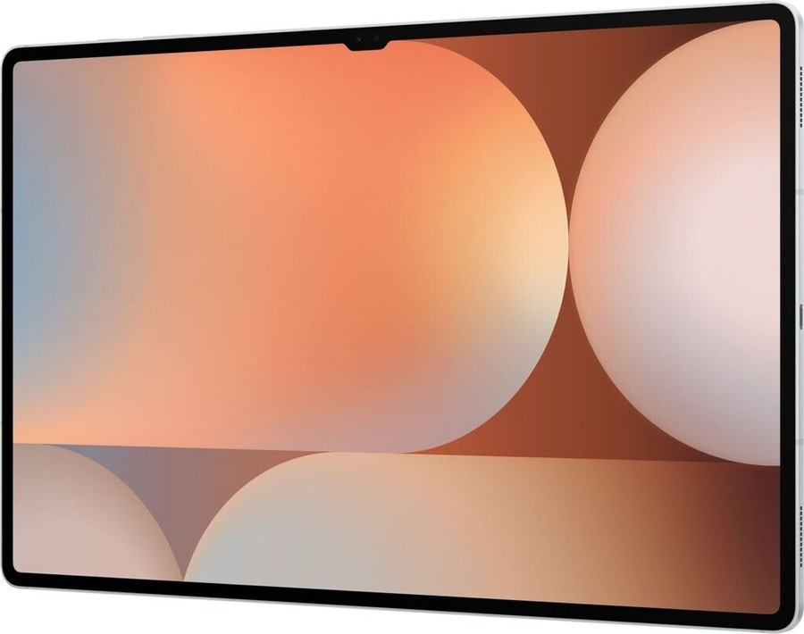 Tablet mit hellem Bildschirm, abstraktem Hintergrund und schwarzem Rahmen.