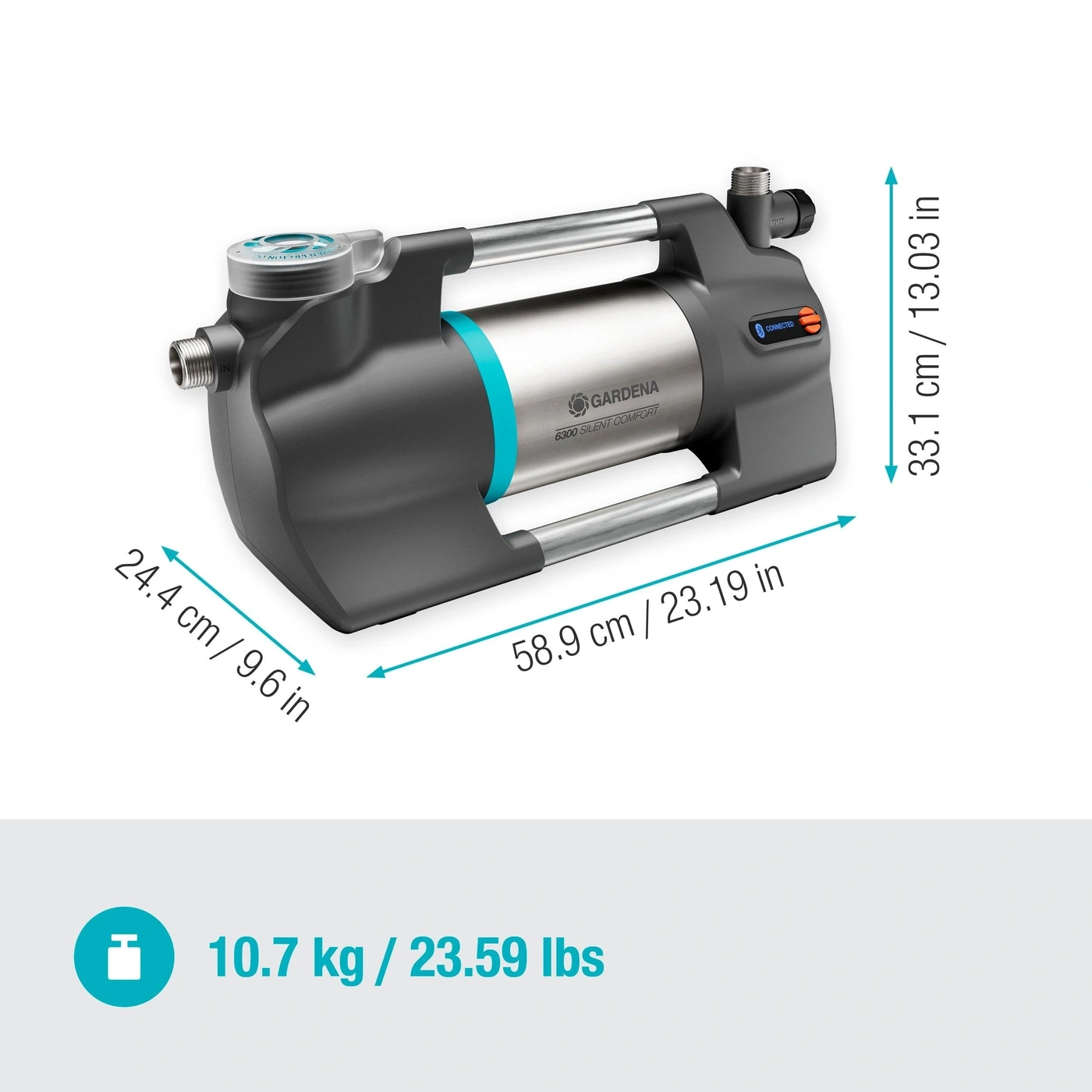 GARDENA 6300 Silent Comfort Pumpe mit Abmessungen und Gewicht