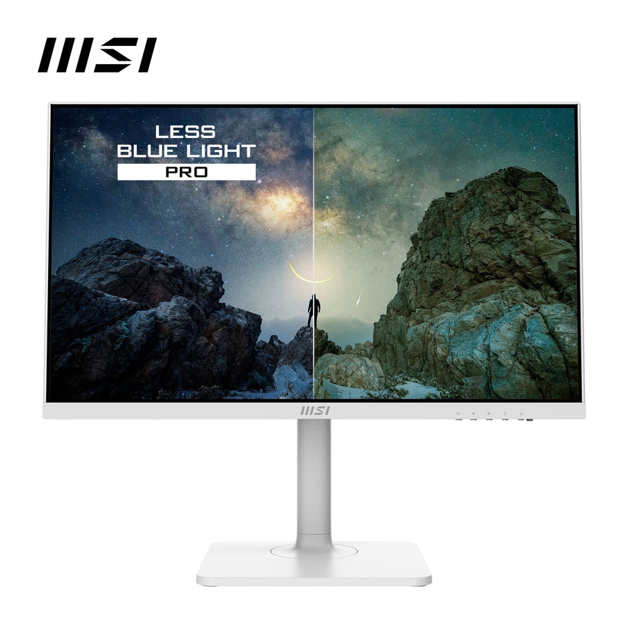 MSI Monitor mit Sternenhimmel-Hintergrund und "Less Blue Light Pro"-Schriftzug.